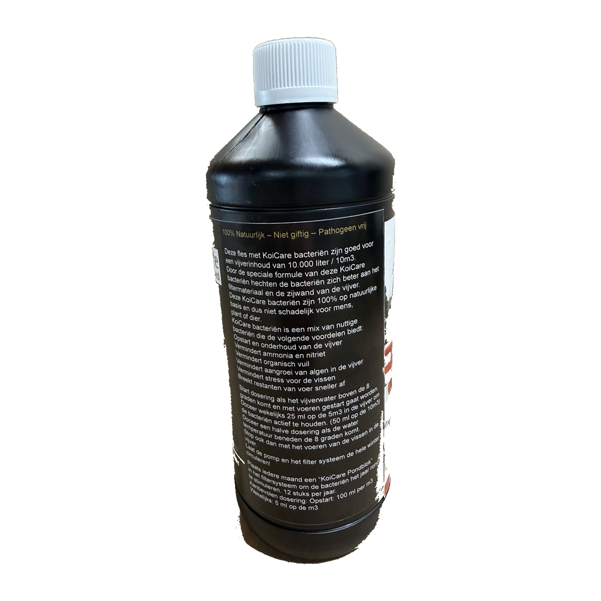 Koi Care Pond Plus Bacteriën 1 liter achterkant met doseerinstructie