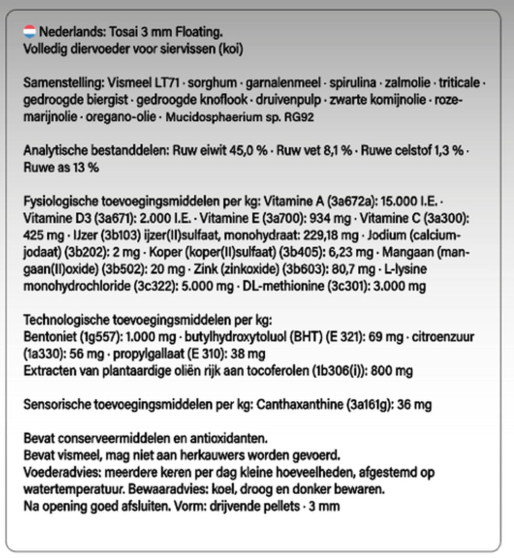 Etiket KiGen Tosai RG92 met samenstelling en voederadvies